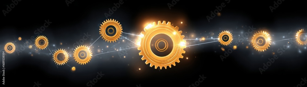 Poster a series of golden gears interconnected by sparkling lines against a dark background, symbolizing me