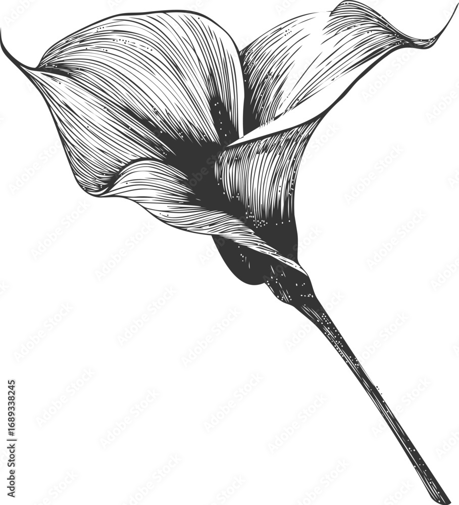 Poster monochrome sketch of a single calla lily with intricate line details. vector illustration