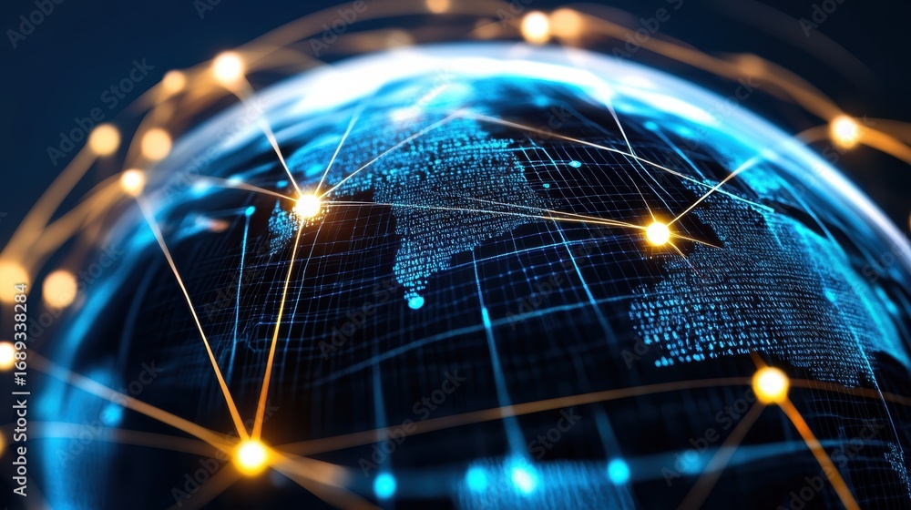 Poster a digital representation of a globe, showcasing interconnected nodes and lines that represent global