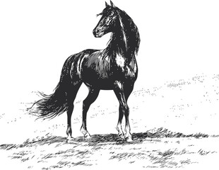 Graceful black horse sketched with flowing mane. Vector illustration
