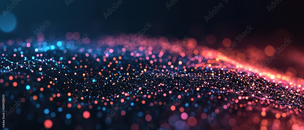 Poster a vibrant visualization of colorful light particles creating an abstract, cosmic landscape with a bl