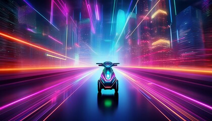 electric scooter speeding through a futuristic city with glowing lights