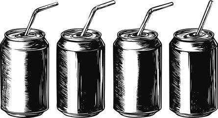 Illustration of four soda cans with straws in black and white sketch style. Vector illustration