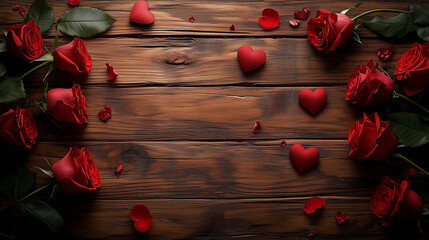 Beautiful red roses and scattered petals lay artfully arranged with small red hearts on a rustic wooden table, creating a lovely romantic frame.
