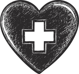 Black and white heart with medical cross sketch illustration. Vector illustration