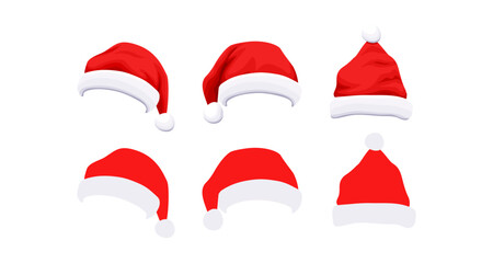 Set of santa hats in festive holiday design on white background