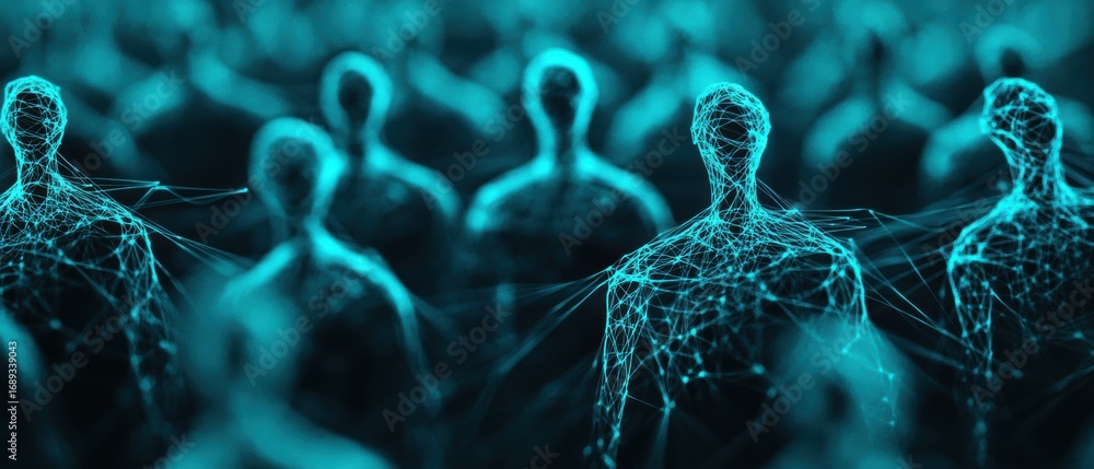 Aufkleber a digital representation of abstract figures resembling people, connected by intricate lines, evokin