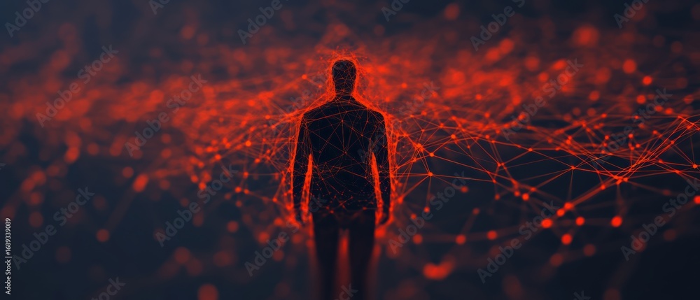 Aufkleber a silhouette figure stands amidst a web of glowing red lines, symbolizing connection and data in a d