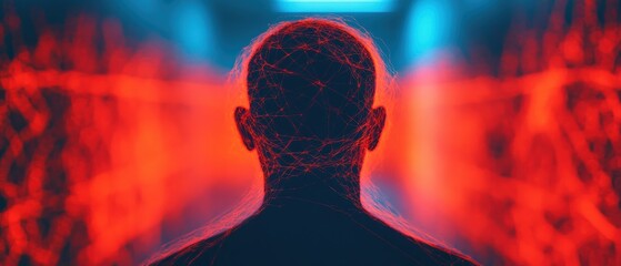 A stylized silhouette of a person's head, surrounded by abstract red and blue lights, suggesting themes of technology and connectivity.