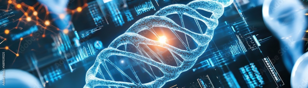 Poster a vibrant digital representation of a dna helix surrounded by glowing data points and genetic inform