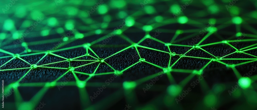 Poster a close-up view of a green, interconnected network of lines and nodes on a dark background, resembli