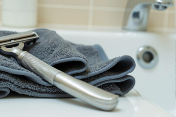 Classic metal safety razor resting on a dark grey towel next to a bathroom sink representing men's daily grooming and traditional shaving routine