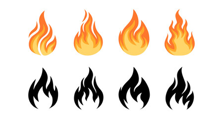 Collection of colorful and black flame icons in flat style