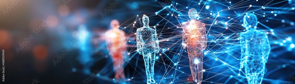 Poster a digital representation of interconnected human figures, illustrating concepts of technology, data 