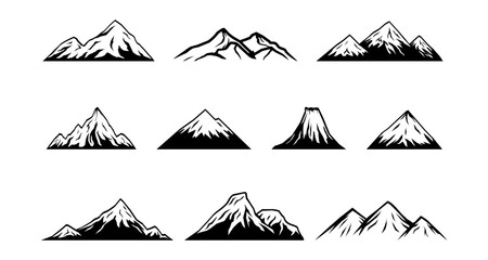 Mountain silhouette collection featuring nine unique peaks in black and white © 123levit