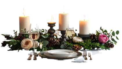 Christmas Wreath with Candles PNG, Festive Holiday Decoration with Greenery, Ornaments, and Burning Candles, Transparent Background, Winter Celebration Design