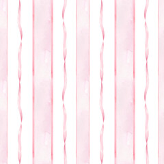 Trendy pink vertical striped pattern with flowers and ribbons. Seamless Retro Pink Ribbon Pattern with Flowers for Interior and Fabric