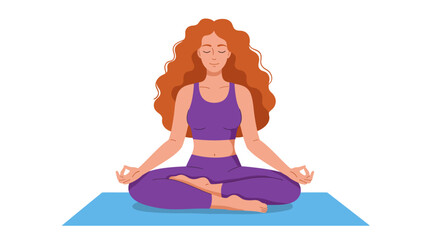 Woman with Red Hair Meditating in Lotus Position on Blue Mat.