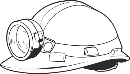 Black and white miner's helmet with headlamp, detailed illustration. Vector illustration