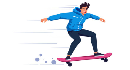 Fototapeta premium Man Riding Pink Skateboard with Blue Hoodie in Motion.