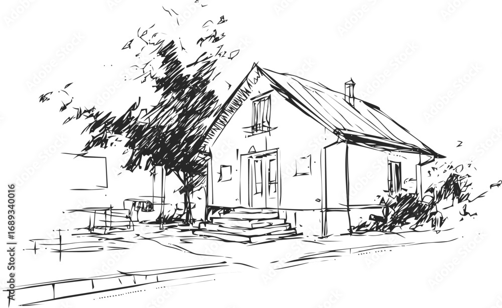 Poster sketch of a quaint house with trees and steps in minimal black and white style. vector illustration