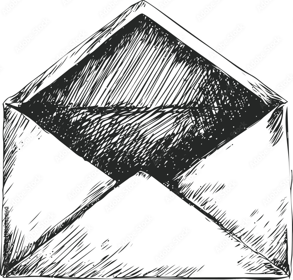 Aufkleber black and white sketch of an open envelope with detailed hatching pattern. vector illustration