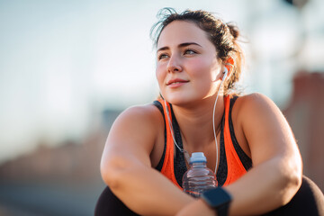 Happy young chubby woman sitting and relaxing after outdoor exercise. Healthy, loose weight concept