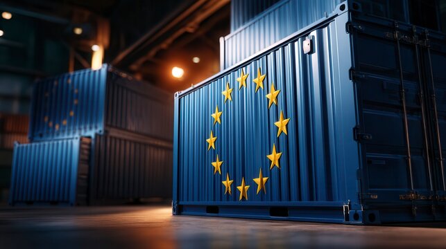 Professional blue shipping container with European Union flag stars in warehouse setting, representing international trade and EU export regulations