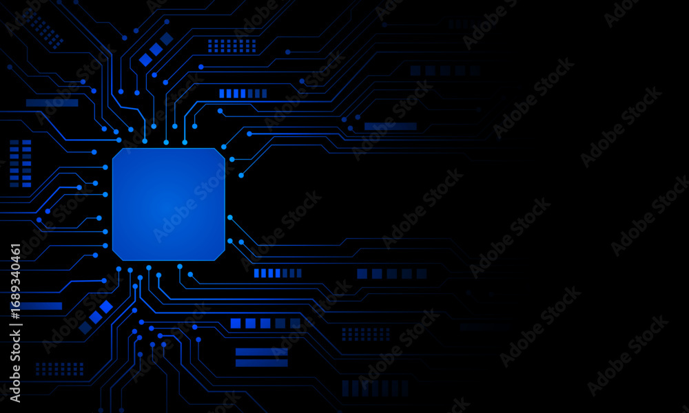 Poster abstract blue circuit board technology connected lines electronics elements computer motherboard chi