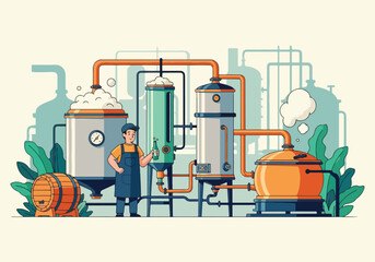 Flat style vector illustration of a brewer working with large brewing tanks, pipes, and equipment, holding a beer bottle, symbolizing craft beer production, brewery industry, and traditional brewing