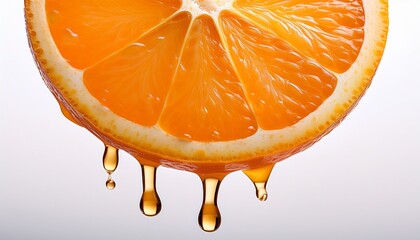 juicy orange slice dripping with refreshing juice on white background