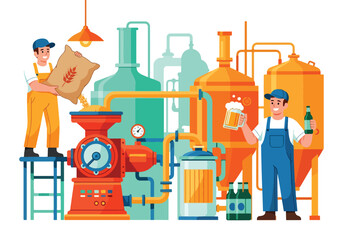 Flat style vector illustration of brewers working with brewing equipment, pouring grains and holding frothy beer mugs, symbolizing beer production, craft brewing, Oktoberfest, and traditional brewery