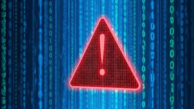 Red warning triangle with exclamation mark inside, composed of binary code on a blue digital background, symbolizing cyber security threat or alert