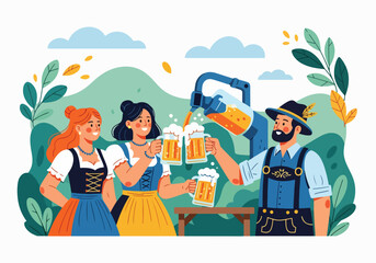 Flat style vector illustration of friends in traditional Bavarian outfits clinking frothy beer mugs outdoors, symbolizing Oktoberfest, German culture, celebration, and festive beer traditions