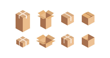 Fototapeta premium Set of cardboard boxes in various open and closed configurations on white background