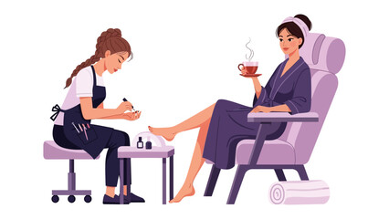 Relaxing pedicure experience woman enjoys a beverage while technician applies nail polish