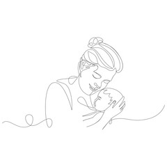 Single line art of a mother holding her baby close with tenderness infant child