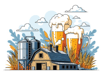 Cartoon illustration of a brewery with factory, silos, wheat, hops, and giant frothy beer mugs, symbolizing beer production, brewing tradition, Oktoberfest, and craft beer culture