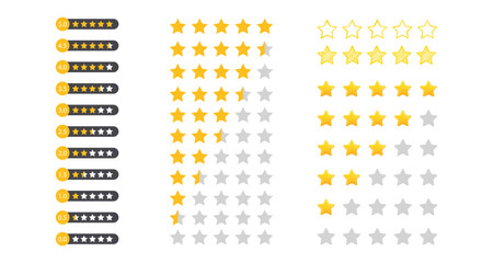 Star rating icons set for reviews and feedback with gold and gray styles