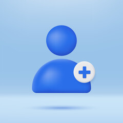 3D add new user icon with plus symbol. Create group and new profile account. Avatar, human, person, people icon. Social media concept.  Minimalist cartoon icon. Trendy and modern vector in 3d style.
