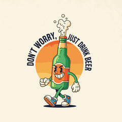 Retro cartoon illustration of a walking beer bottle character with cheerful expression and sunset background, symbolizing fun, relaxation, celebration, and beer culture advertising design logo