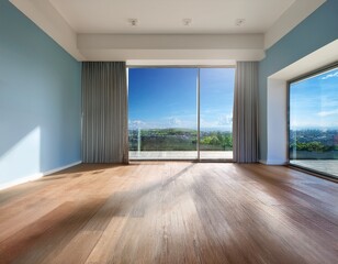 spacious minimalist interior with a large window and wooden floor overlooking a clear blue sky