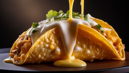 a dynamic food shot of a taco topped with melted queso blanco drizzle extreme macro view highlighting liquid motion moody studio lighting with strong shadows