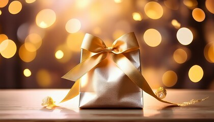 cream gift bag with gold ribbon bow soft lighting bokeh background