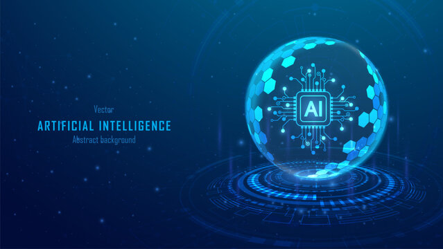 Concept of artificial Intelligence and security. Protection shield with AI chipset icon inside a transparent sphere shield with hexagon pattern on digital glowing background. vector illustration.