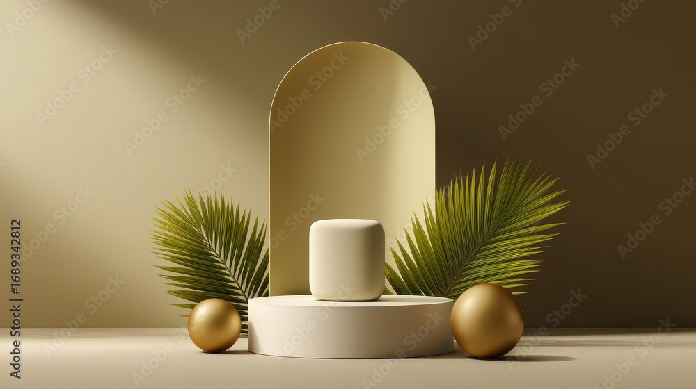 Poster minimalist beige podium with arch and palm leaves for product display with golden spheres and soft s