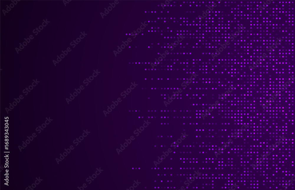 Poster glowing purple pixel dots arranged with gradient effect on dark background, creating modern digital 