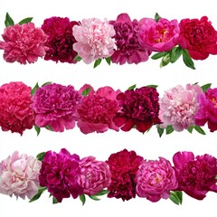 A colorful row of peonies in various shades, exuding elegance and beauty. They're arranged with their lush petals in full bloom, perfect for adding a touch of natural beauty