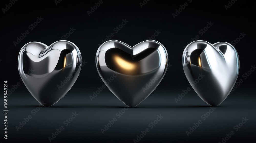 Poster three shiny chrome hearts with a polished metallic finish and warm light reflections arranged in a r