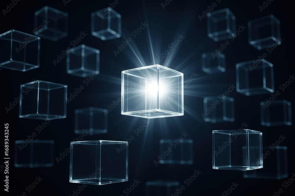 Poster shining cubes of innovation: an eye-catching visual, a singular bright cube shines within a multitud